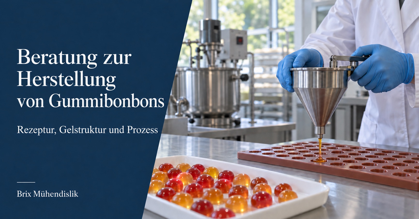 Fachkraft füllt Gummibonbonmasse mit einem Dosiertrichter in eine Silikonform, neben bunten Bonbonproben in einer Versuchsküche.