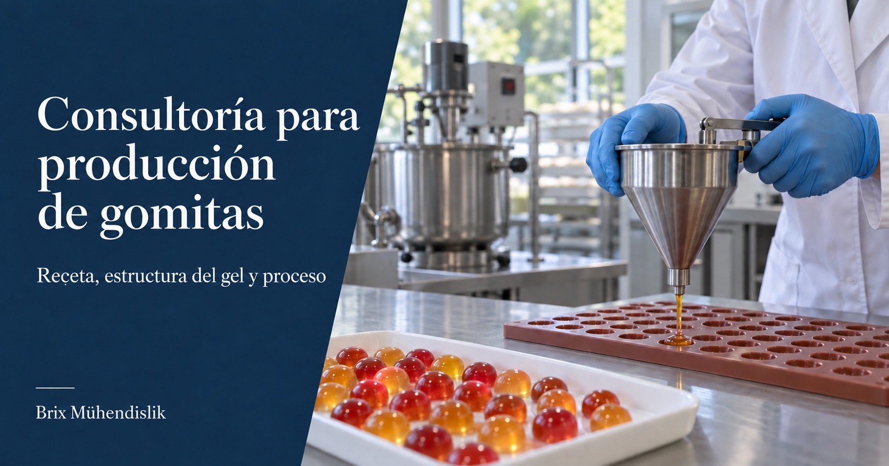 Especialista dosificando mezcla de gomitas en un molde de silicona con un embudo, junto a muestras de colores en una cocina piloto.