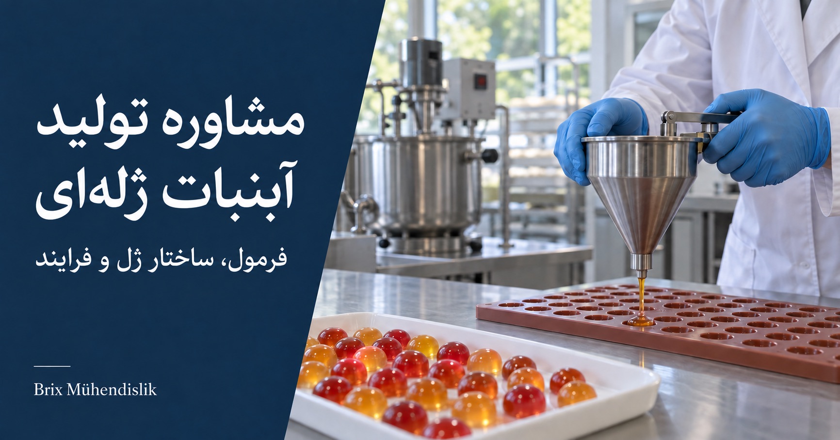 متخصص با قیف پرکن مخلوط آبنبات ژله‌ای را در قالب سیلیکونی می‌ریزد؛ نمونه‌های رنگی آبنبات در آشپزخانه آزمایشی کنار او قرار دارند.