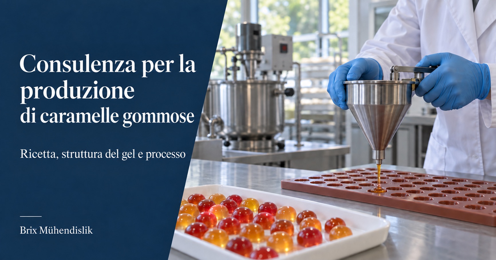 Specialista che versa una miscela per caramelle gommose in uno stampo di silicone con un imbuto dosatore, accanto a campioni colorati nella cucina pilota.