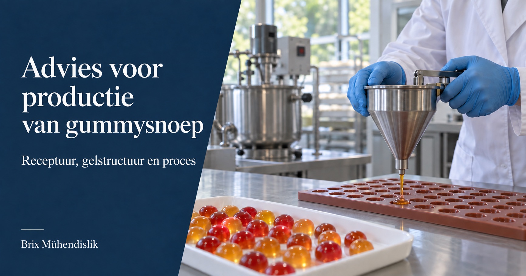 Specialist vult een siliconenmal met gummymengsel via een doseertrechter, naast kleurrijke snoepmonsters in een proefkeuken.