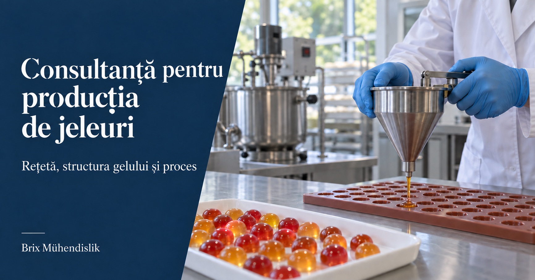 Specialist care dozează amestec de jeleuri într-o formă de silicon cu o pâlnie, lângă mostre colorate de bomboane într-o bucătărie pilot.