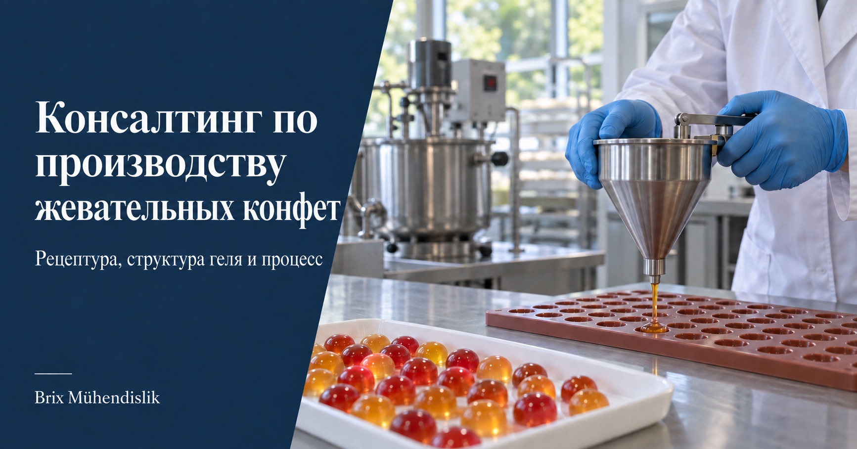 Специалист дозирует смесь для жевательных конфет в силиконовую форму через воронку; рядом цветные образцы конфет на опытной кухне.