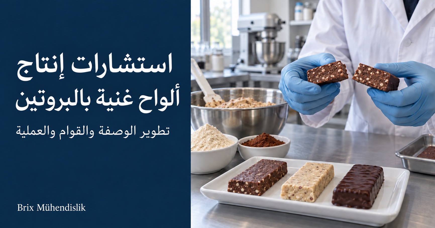 مختص يفحص مقطع لوح بروتين بالكاكاو بجانب نماذج ألواح ومكونات الوصفة في المختبر.