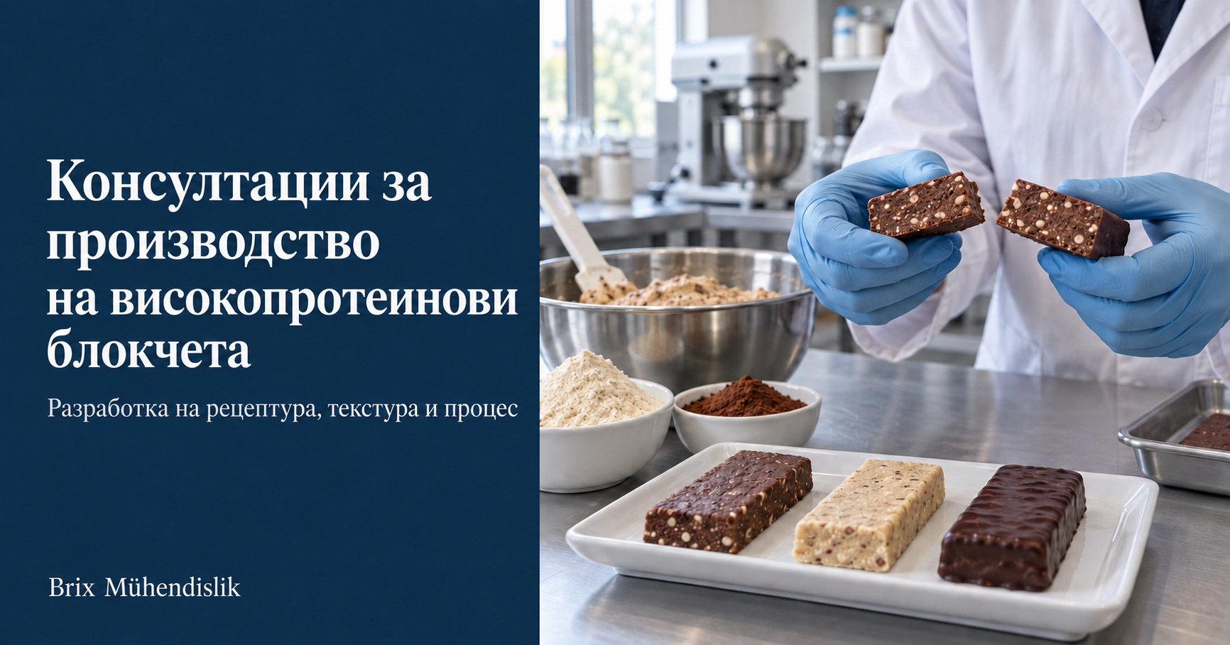 Специалист изследва разреза на протеиново блокче с какао до прототипи и съставки в лабораторията.