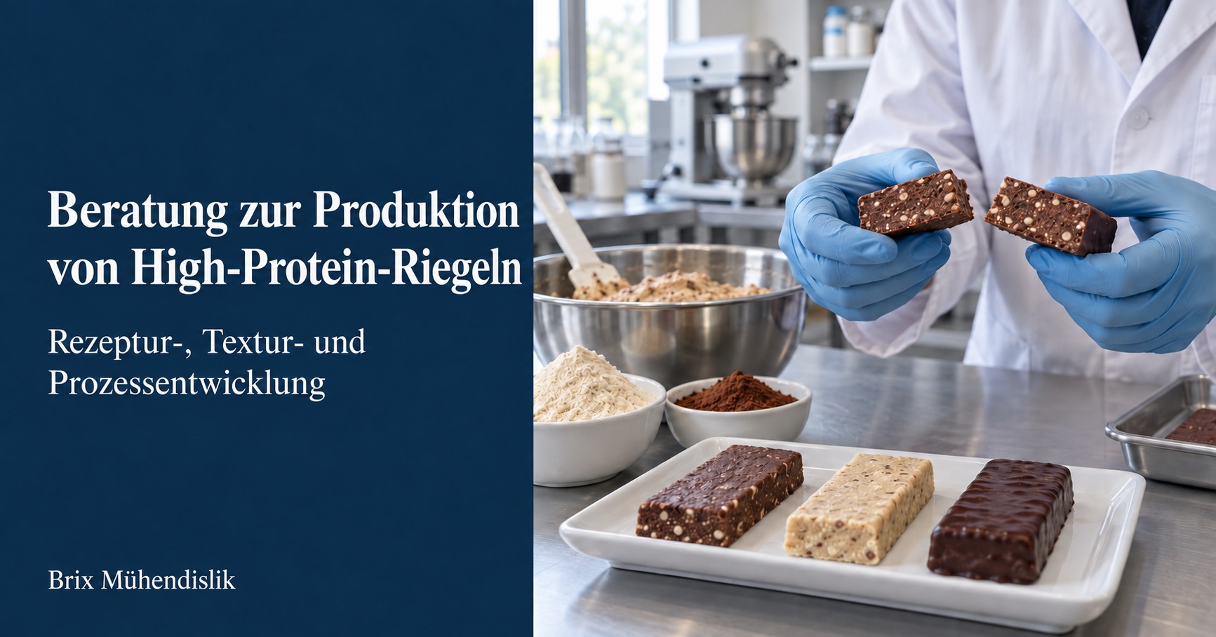 Fachkraft untersucht den Querschnitt eines Kakao-Proteinriegels neben Prototypen und Rezepturzutaten im Labor.