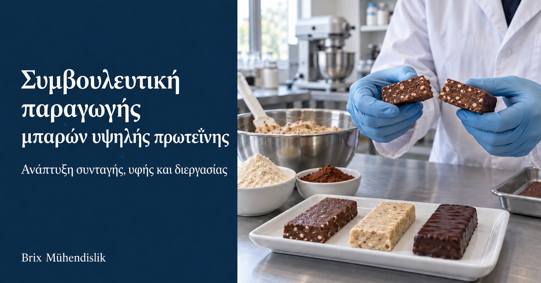 Ειδικός εξετάζει την τομή μιας μπάρας πρωτεΐνης με κακάο δίπλα σε πρωτότυπα και συστατικά στο εργαστήριο.