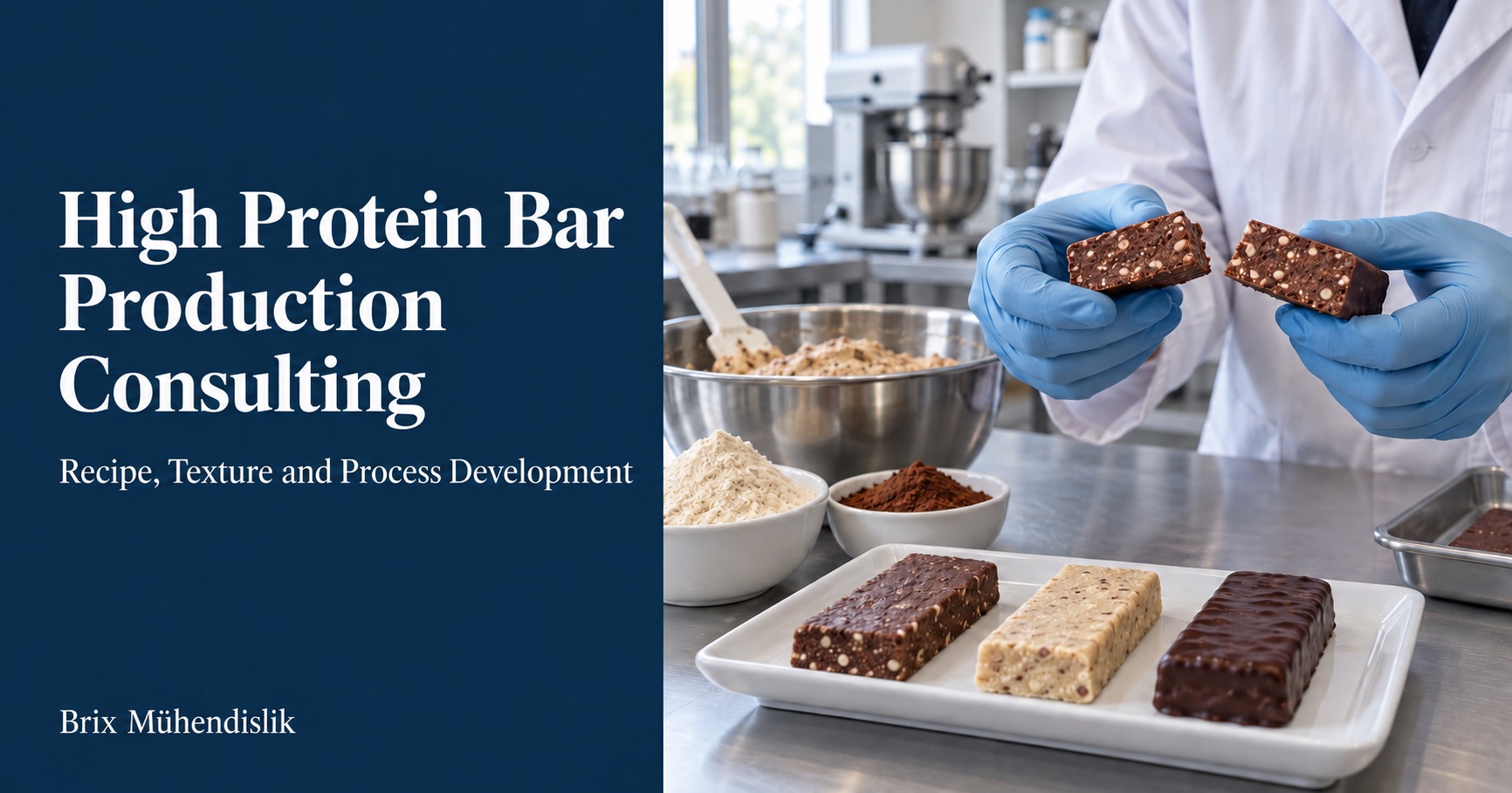 Specialist examining a cocoa protein bar cross-section beside bar prototypes and recipe ingredients in a laboratory.