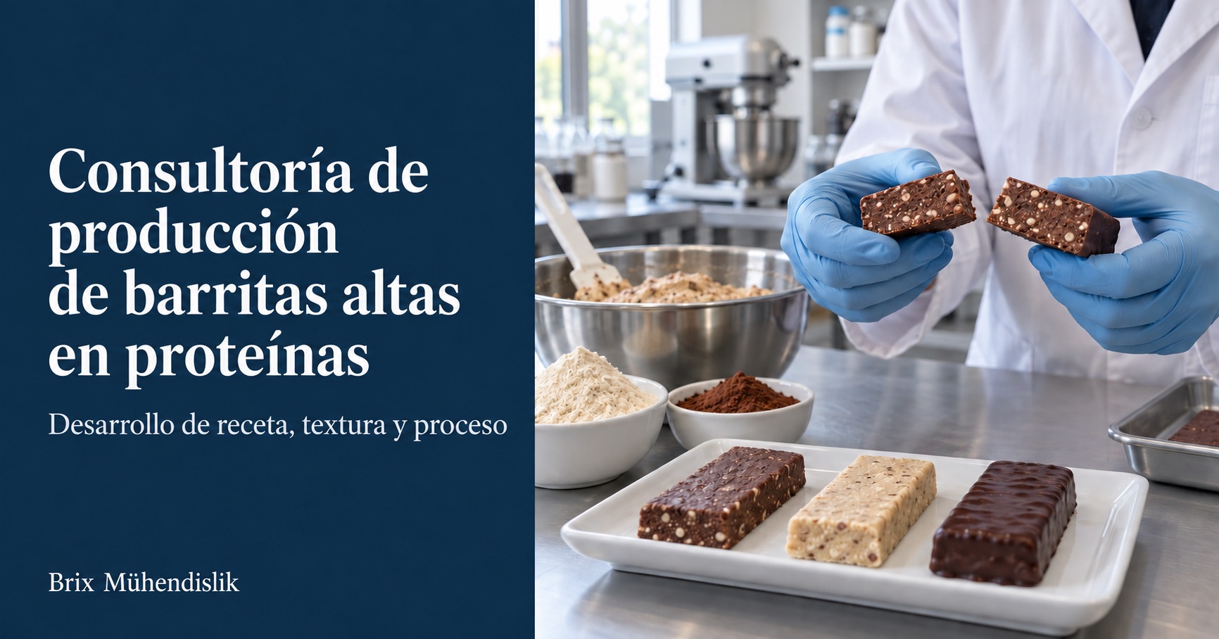 Especialista examina el corte de una barrita proteica de cacao junto a prototipos e ingredientes en el laboratorio.