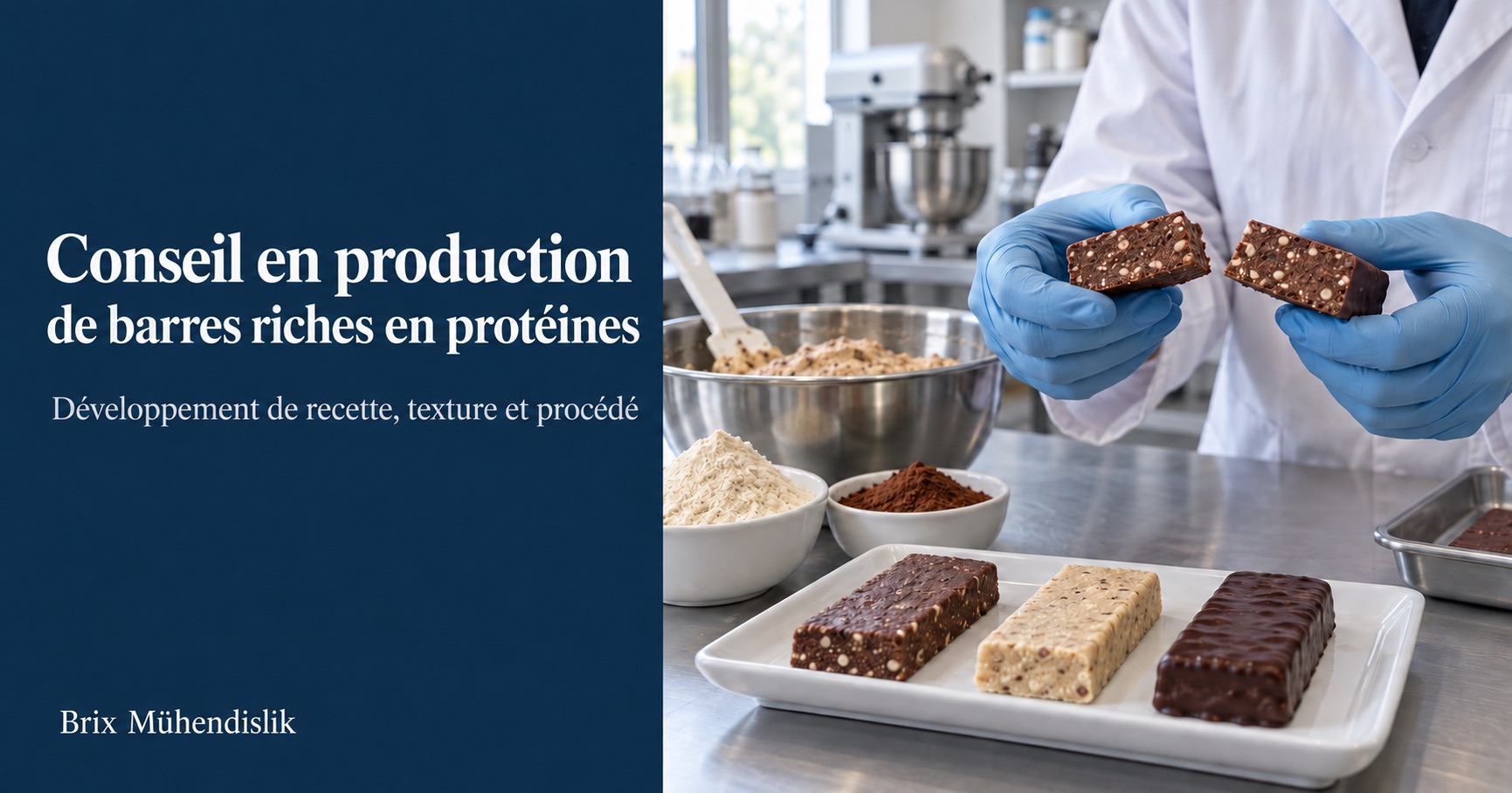 Spécialiste examinant la coupe d’une barre protéinée au cacao près de prototypes et d’ingrédients en laboratoire.