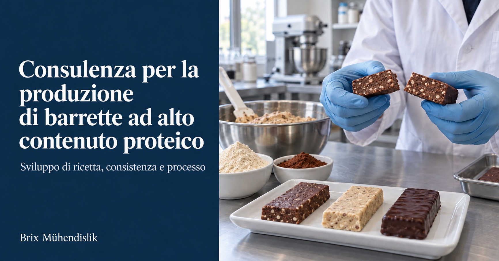 Specialista esamina la sezione di una barretta proteica al cacao accanto a prototipi e ingredienti in laboratorio.