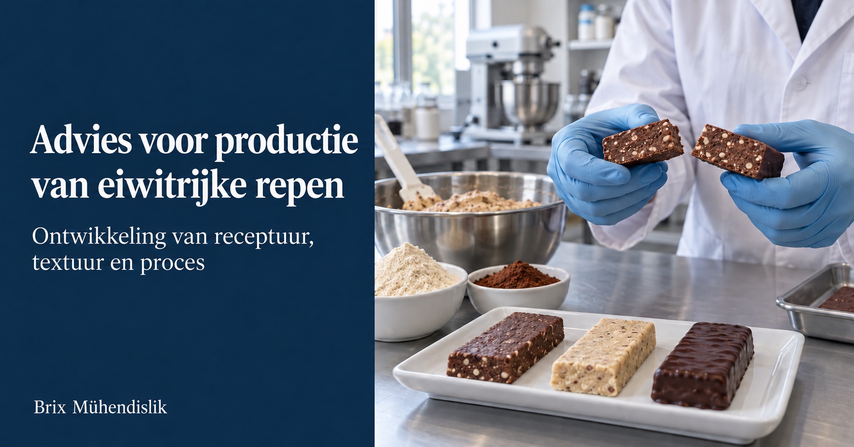 Specialist onderzoekt de doorsnede van een cacao-eiwitreep naast prototypes en receptuuringrediënten in het laboratorium.