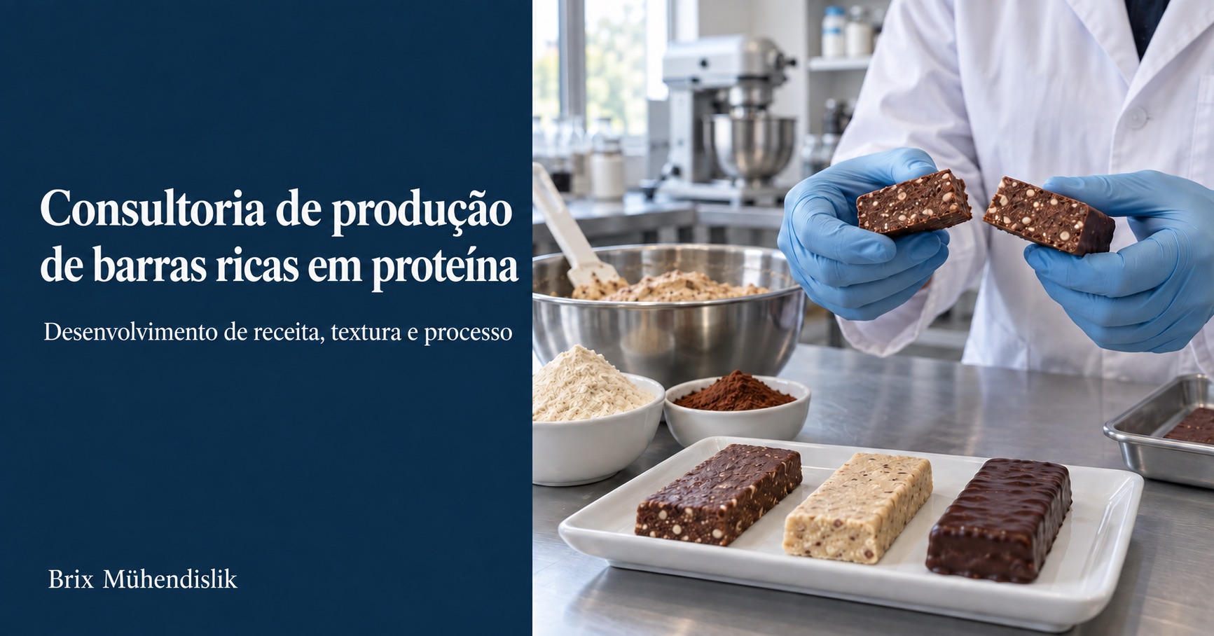 Especialista examina o corte de uma barra proteica de cacau junto a protótipos e ingredientes no laboratório.