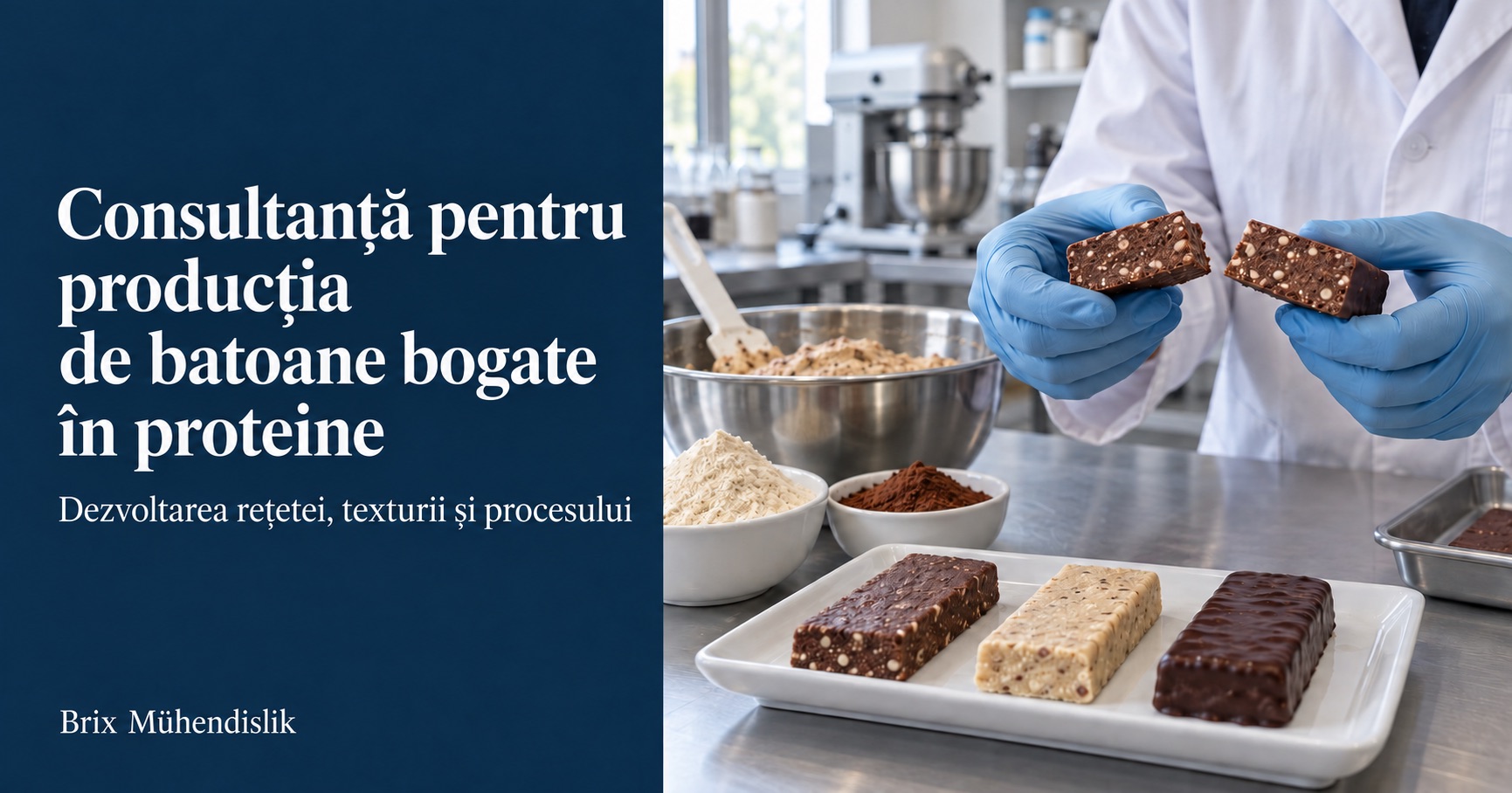 Specialist examinează secțiunea unui baton proteic cu cacao lângă prototipuri și ingrediente în laborator.