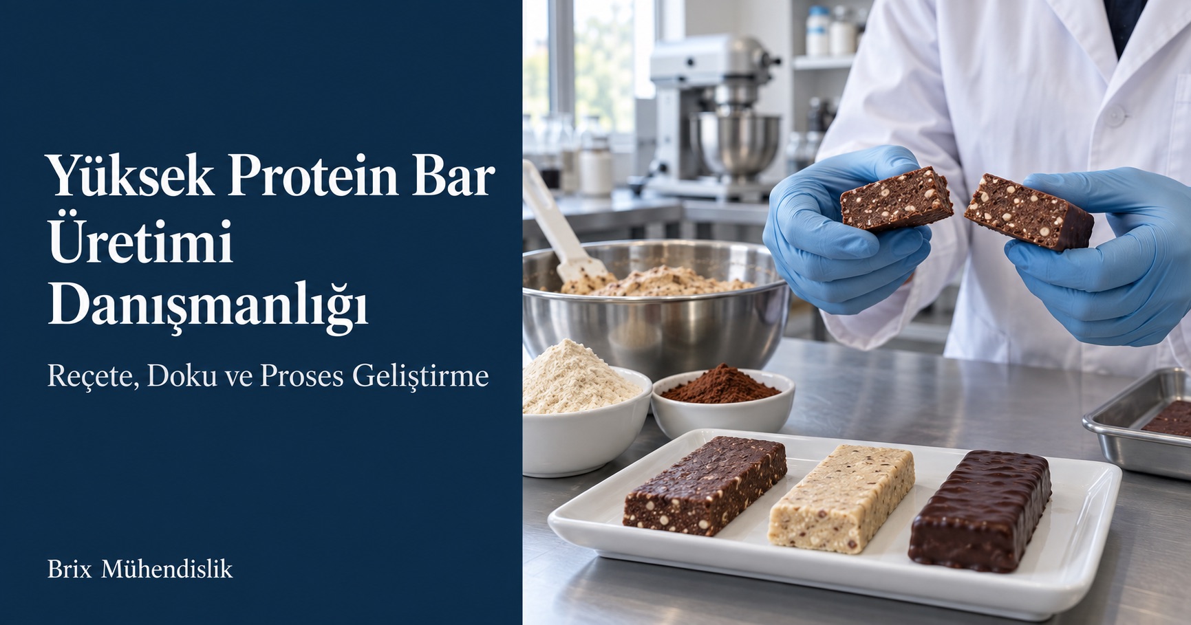 Laboratuvarda kakaolu protein bar kesitini inceleyen uzman, bar prototipleri ve reçete bileşenleri.