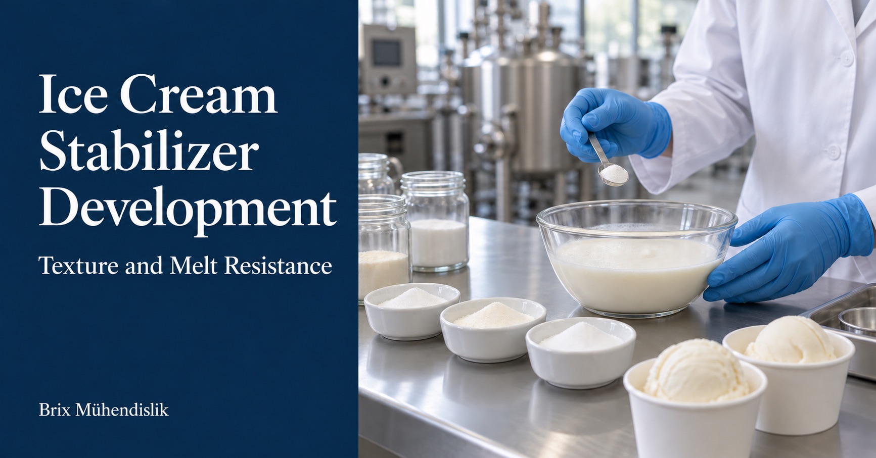 Specialist dosing stabilizer powder into an ice cream base with a small spoon beside powdered ingredients and ice cream samples in a laboratory.