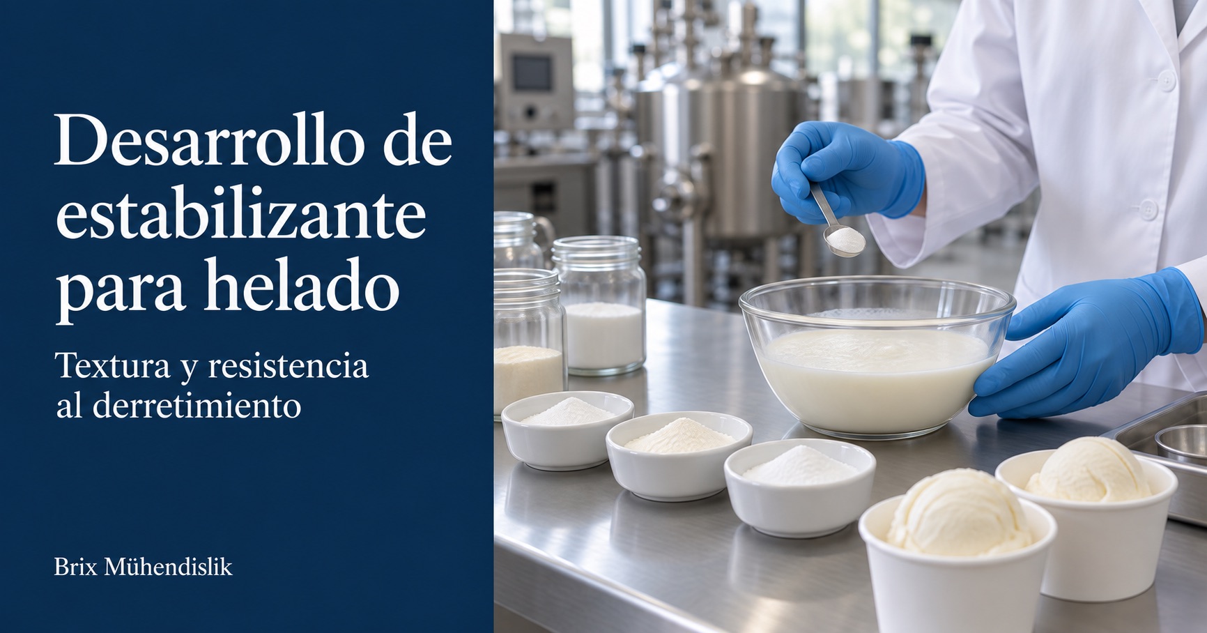 Especialista dosificando estabilizante en polvo en una base de helado con una cucharita, junto a ingredientes en polvo y muestras de helado en el laboratorio.