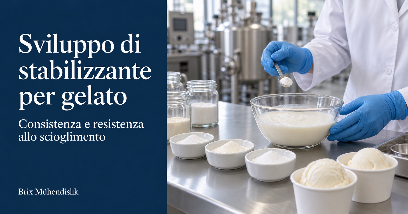 Specialista che dosa polvere stabilizzante in una base per gelato con un cucchiaino, accanto a ingredienti in polvere e campioni di gelato in laboratorio.