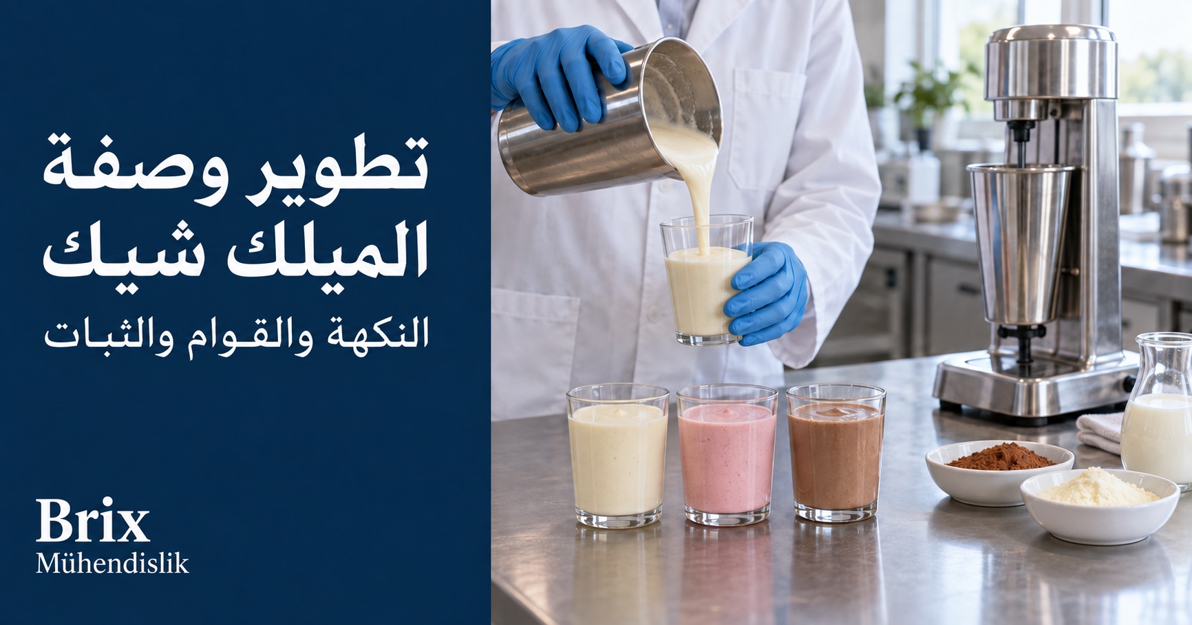 مختص يصب عينة ميلك شيك في كوب بمطبخ تجريبي بجانب ثلاث عينات وصفات وخلاط مشروبات.