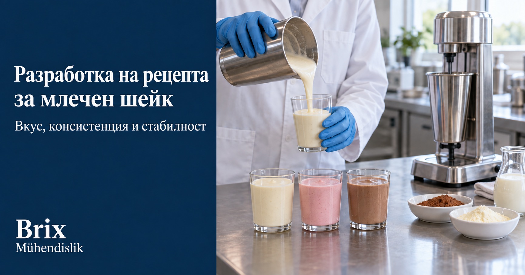 Специалист налива млечен шейк в чаша в пилотна кухня до три проби от рецепти и миксер за напитки.