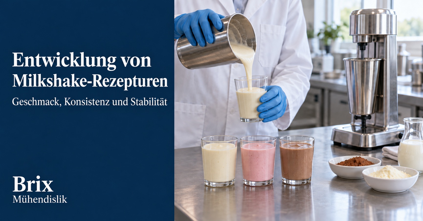 Fachkraft gießt einen Milkshake in ein Glas in der Pilotküche, neben drei Rezepturproben und einem Getränkemixer.