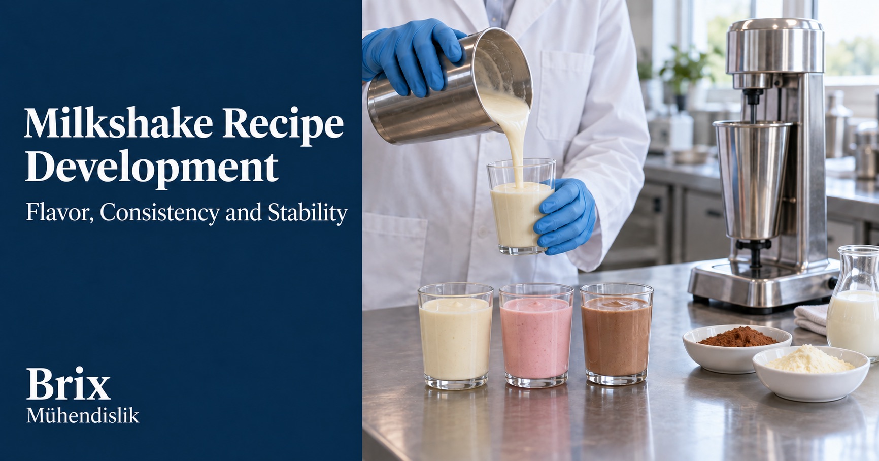 Specialist pouring a milkshake sample into a glass in a pilot kitchen beside three recipe samples and a drink mixer.