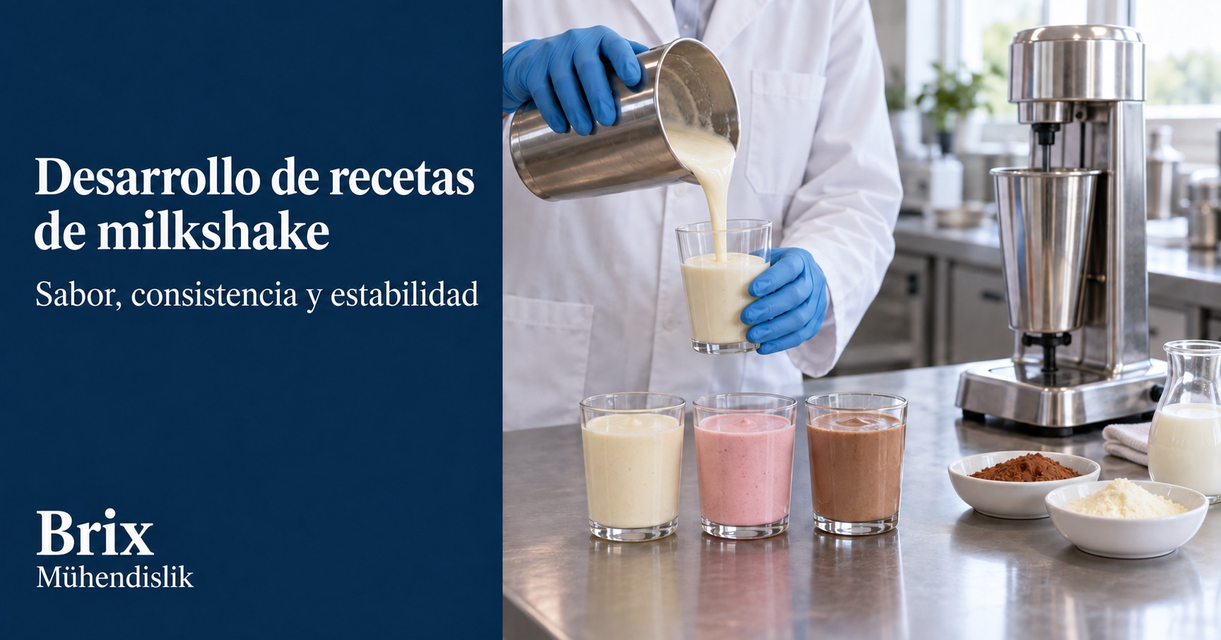 Especialista vierte un milkshake en un vaso en una cocina piloto, junto a tres muestras de recetas y una batidora.