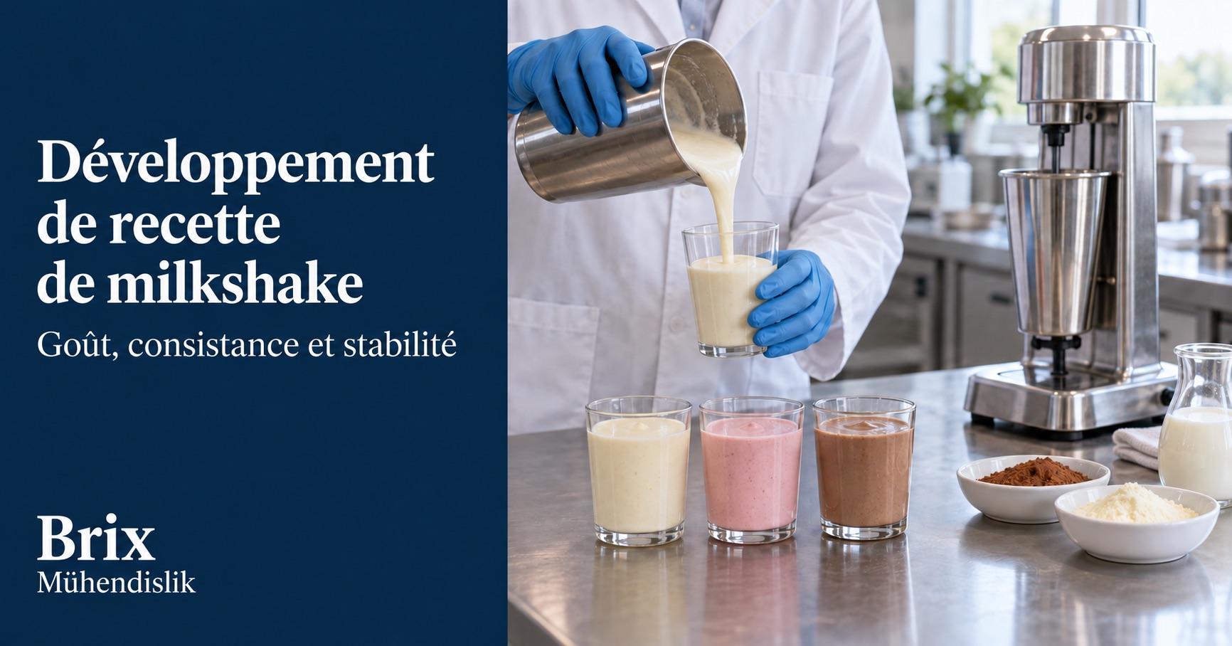 Spécialiste versant un milkshake dans un verre en cuisine pilote, près de trois échantillons de recettes et du mélangeur.