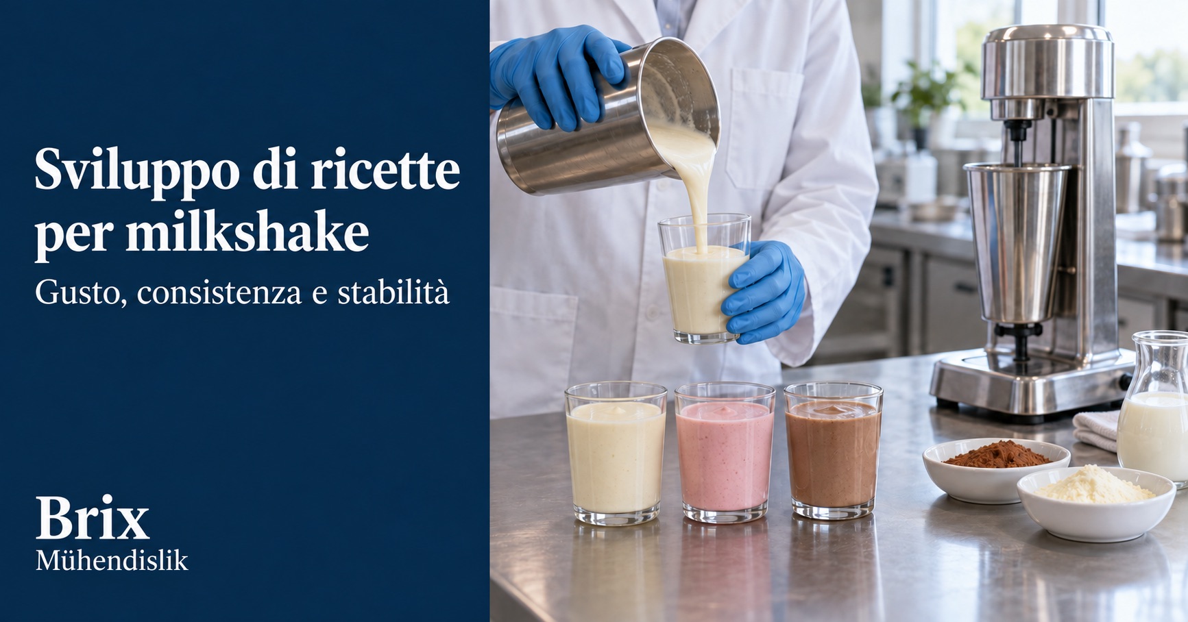 Specialista versa un milkshake in un bicchiere nella cucina pilota, accanto a tre campioni di ricette e un miscelatore.