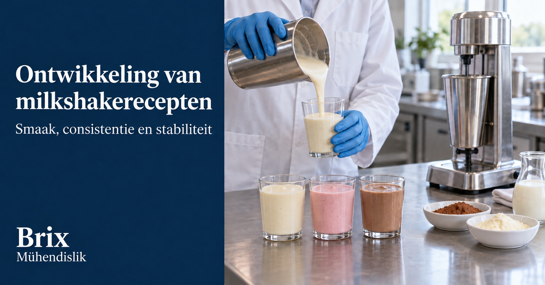 Specialist schenkt een milkshake in een glas in de proefkeuken, naast drie receptmonsters en een drankmixer.