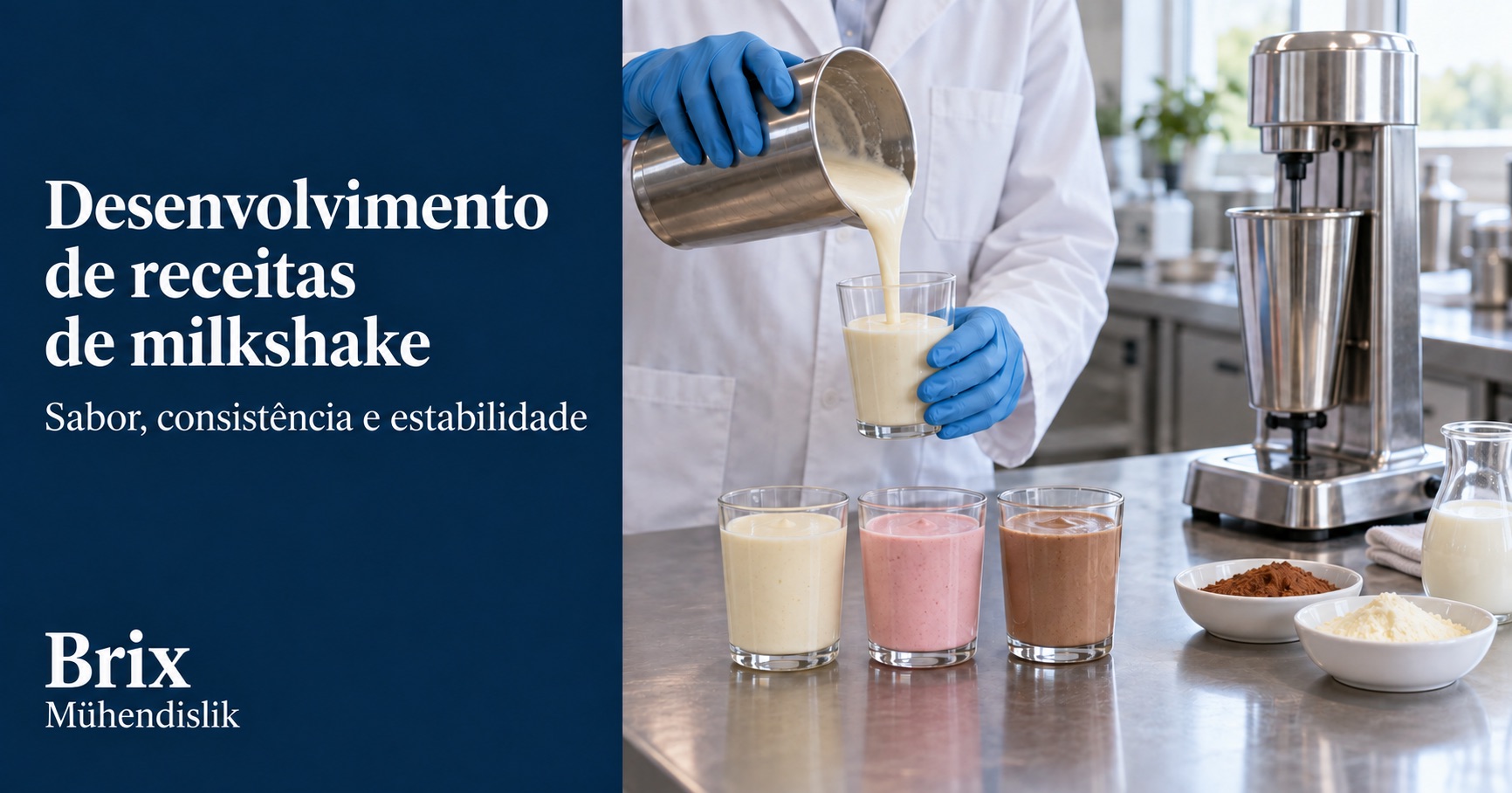 Especialista verte um milkshake num copo numa cozinha piloto, junto a três amostras de receitas e um misturador.