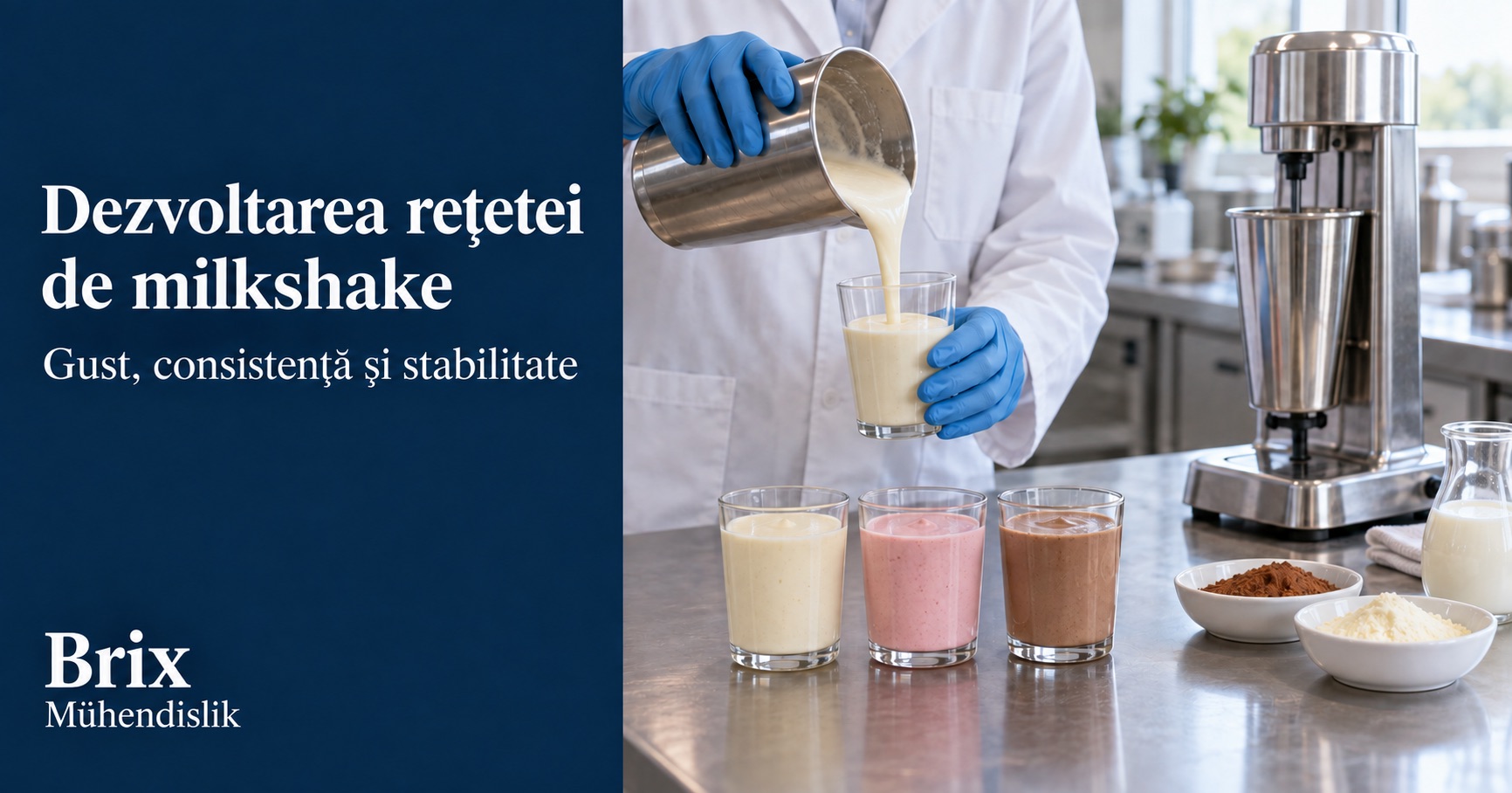 Specialist toarnă un milkshake într-un pahar într-o bucătărie pilot, lângă trei probe de rețete și un mixer de băuturi.