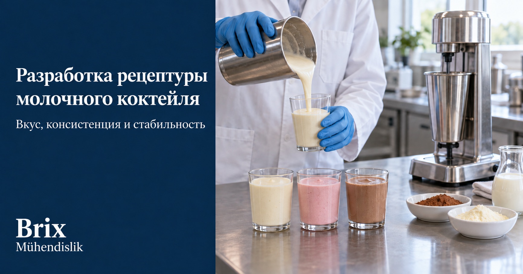 Специалист наливает молочный коктейль в стакан на пилотной кухне рядом с тремя образцами рецептур и миксером.