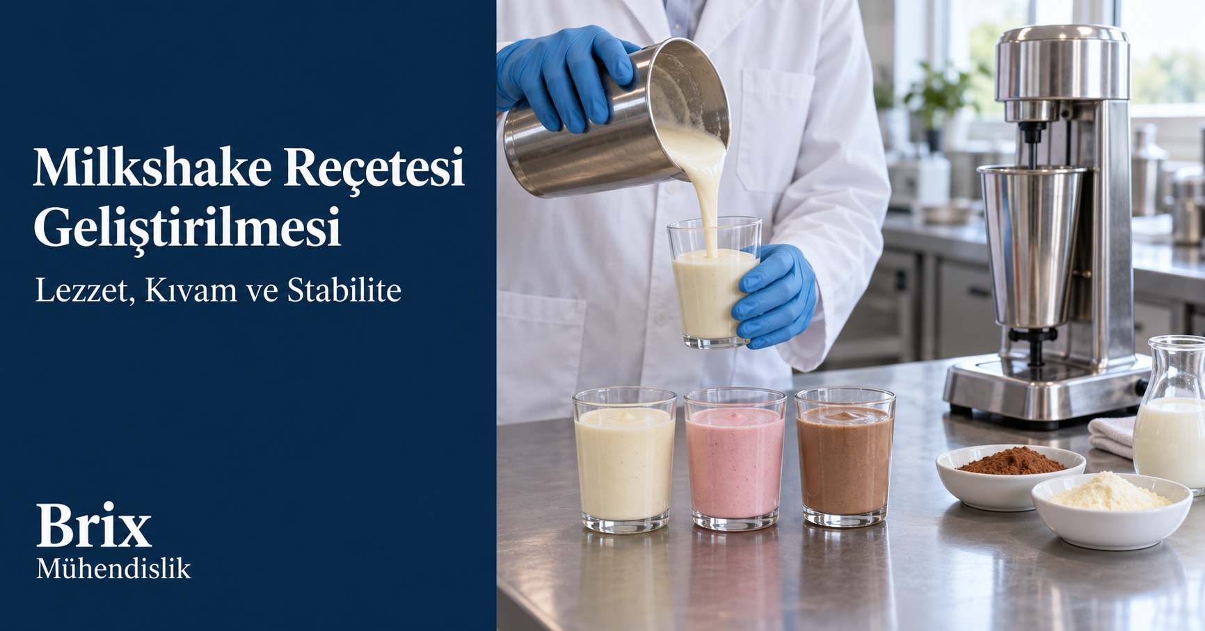 Pilot mutfakta milkshake numunesini bardağa döken uzman, üç farklı reçete örneği ve içecek mikseri.