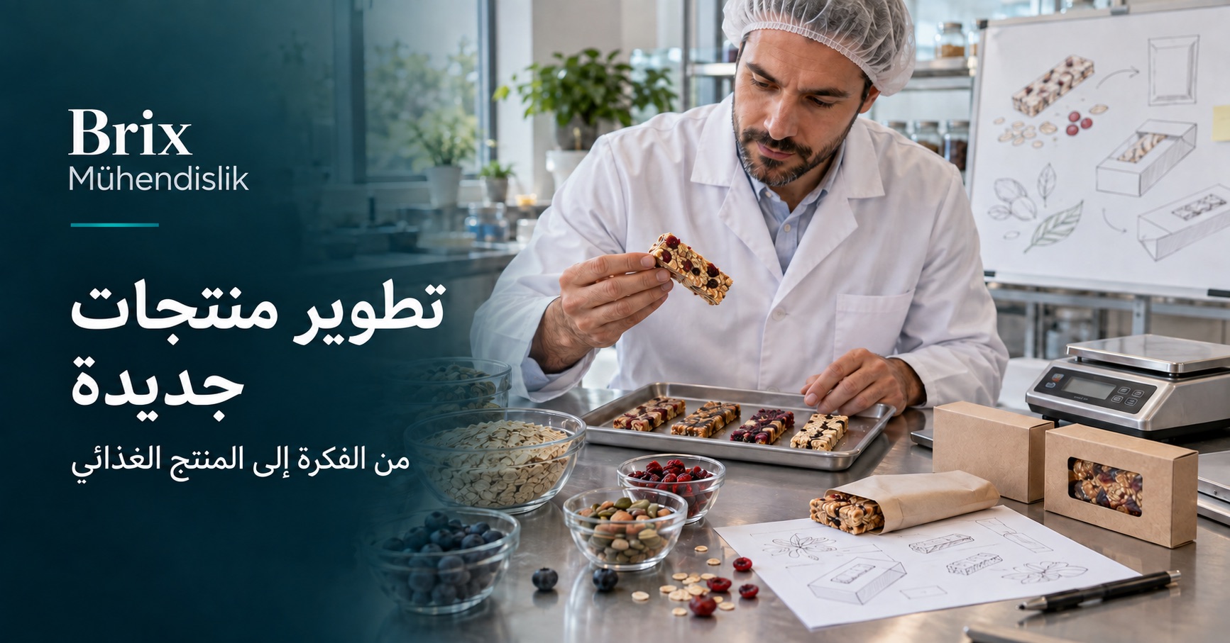 مهندس أغذية يقيّم نماذج ألواح الوجبات الخفيفة والعبوات؛ صورة توضيحية مولدة بالذكاء الاصطناعي.
