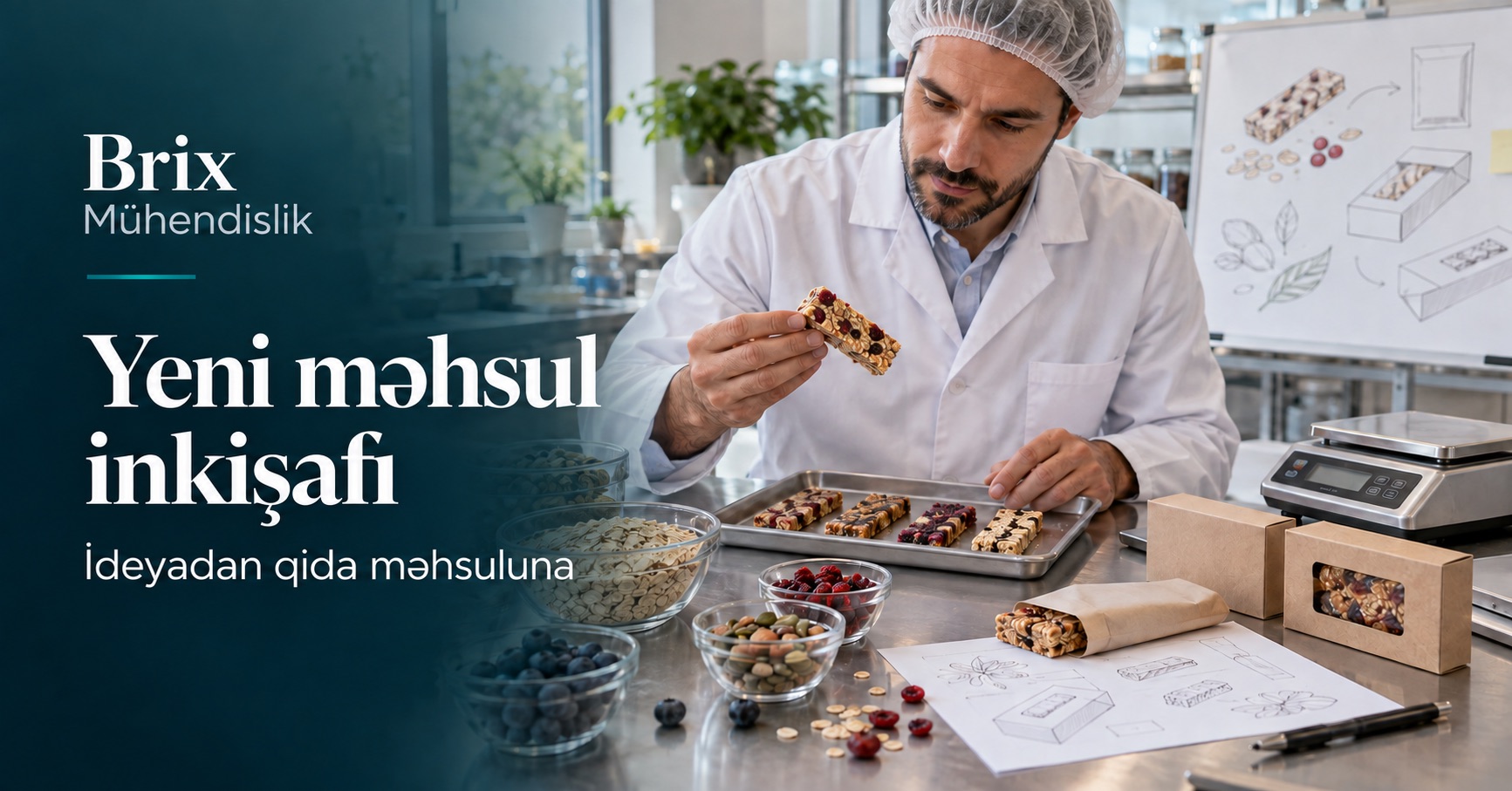 Qəlyanaltı baton və qablaşdırma prototiplərini qiymətləndirən qida mühəndisi; süni intellektlə yaradılmış təmsili təsvir.