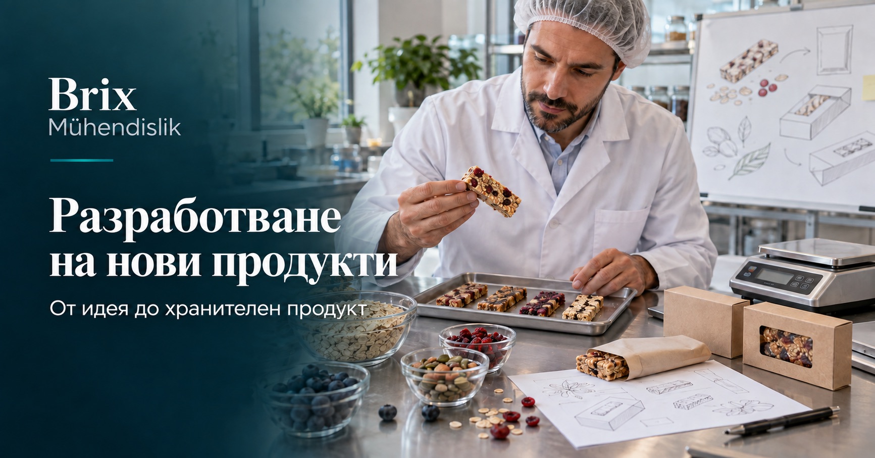 Хранителен технолог оценява прототипи на барчета и опаковки; илюстративно изображение, създадено с изкуствен интелект.