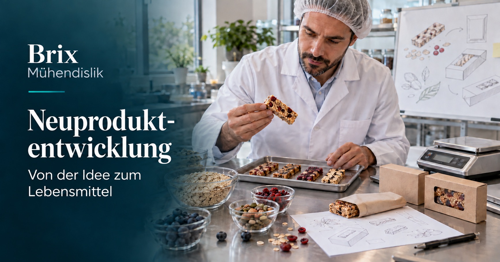 Lebensmitteltechnologe prüft Riegel- und Verpackungsprototypen; KI-generierte symbolische Darstellung.