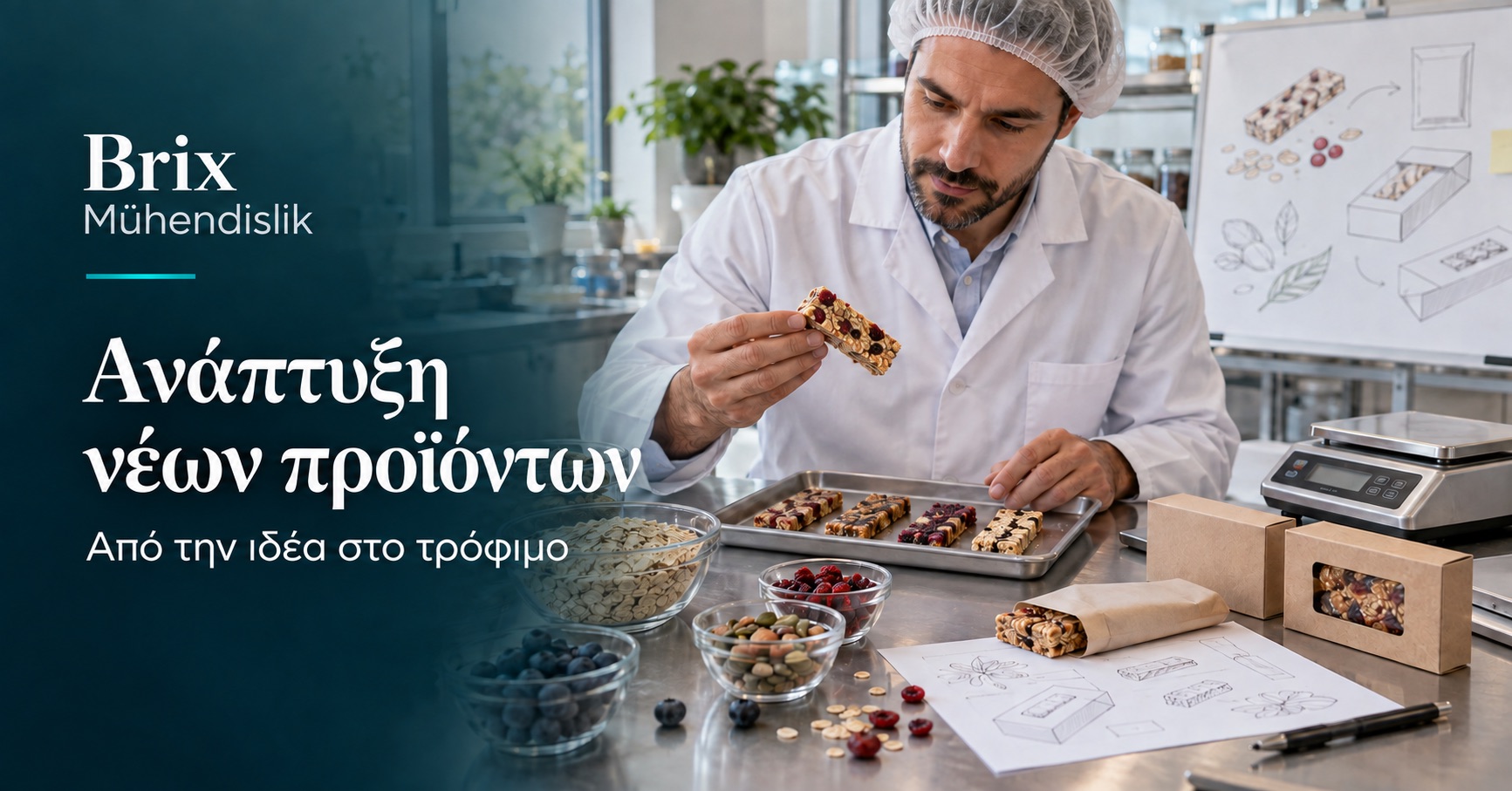 Μηχανικός τροφίμων αξιολογεί πρωτότυπα μπαρών και συσκευασιών· ενδεικτική εικόνα δημιουργημένη με τεχνητή νοημοσύνη.