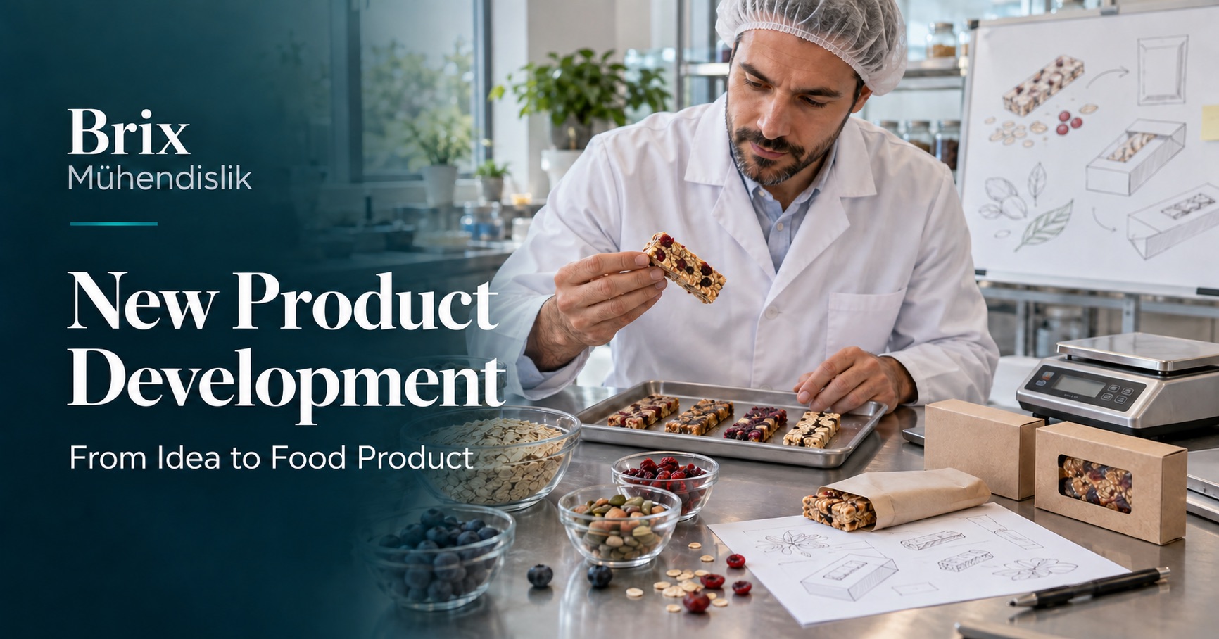 Food engineer evaluating snack bar and packaging prototypes; AI-generated representative image.