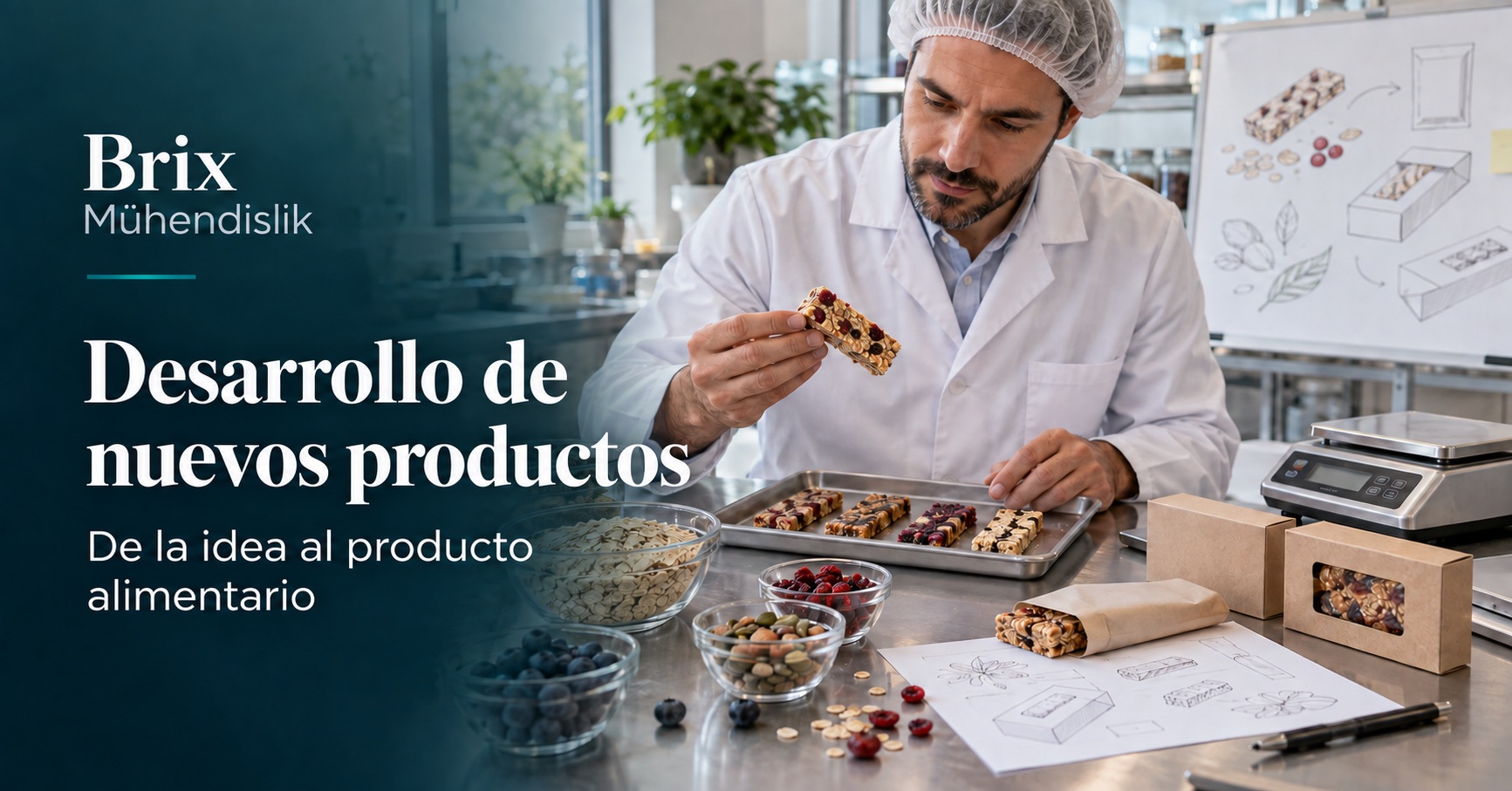 Ingeniero alimentario evaluando prototipos de barritas y envases; imagen ilustrativa generada con IA.