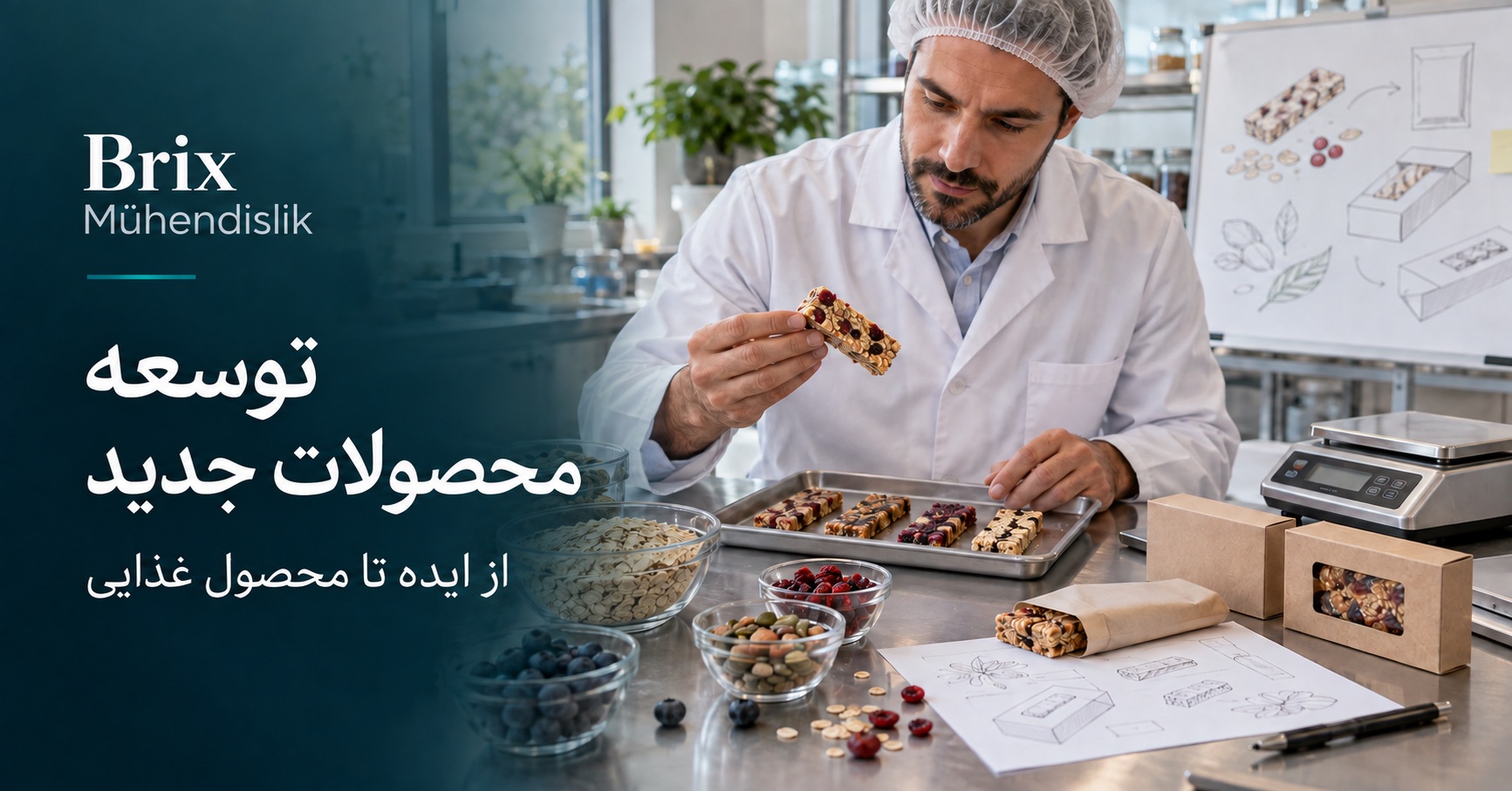 مهندس صنایع غذایی در حال ارزیابی نمونه‌های اولیه بار غذایی و بسته‌بندی؛ تصویر نمونه تولیدشده با هوش مصنوعی.