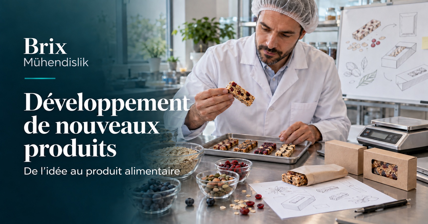 Ingénieur évaluant des prototypes de barres et d’emballages alimentaires ; image illustrative générée par IA.
