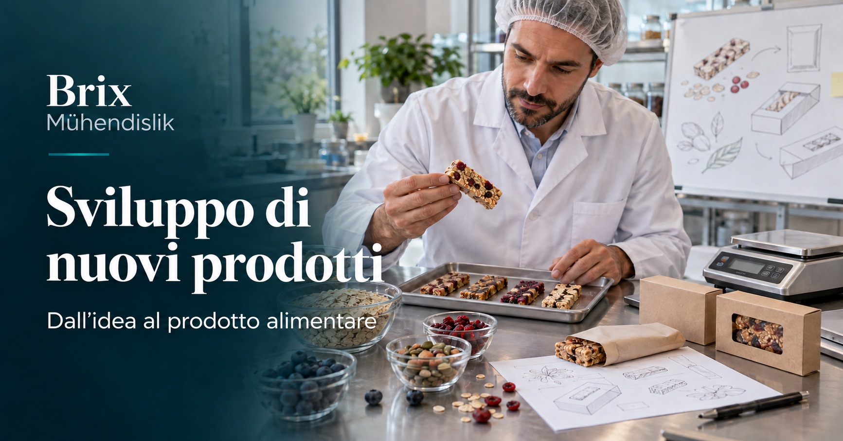 Ingegnere alimentare valuta prototipi di barrette e confezioni; immagine illustrativa generata con IA.