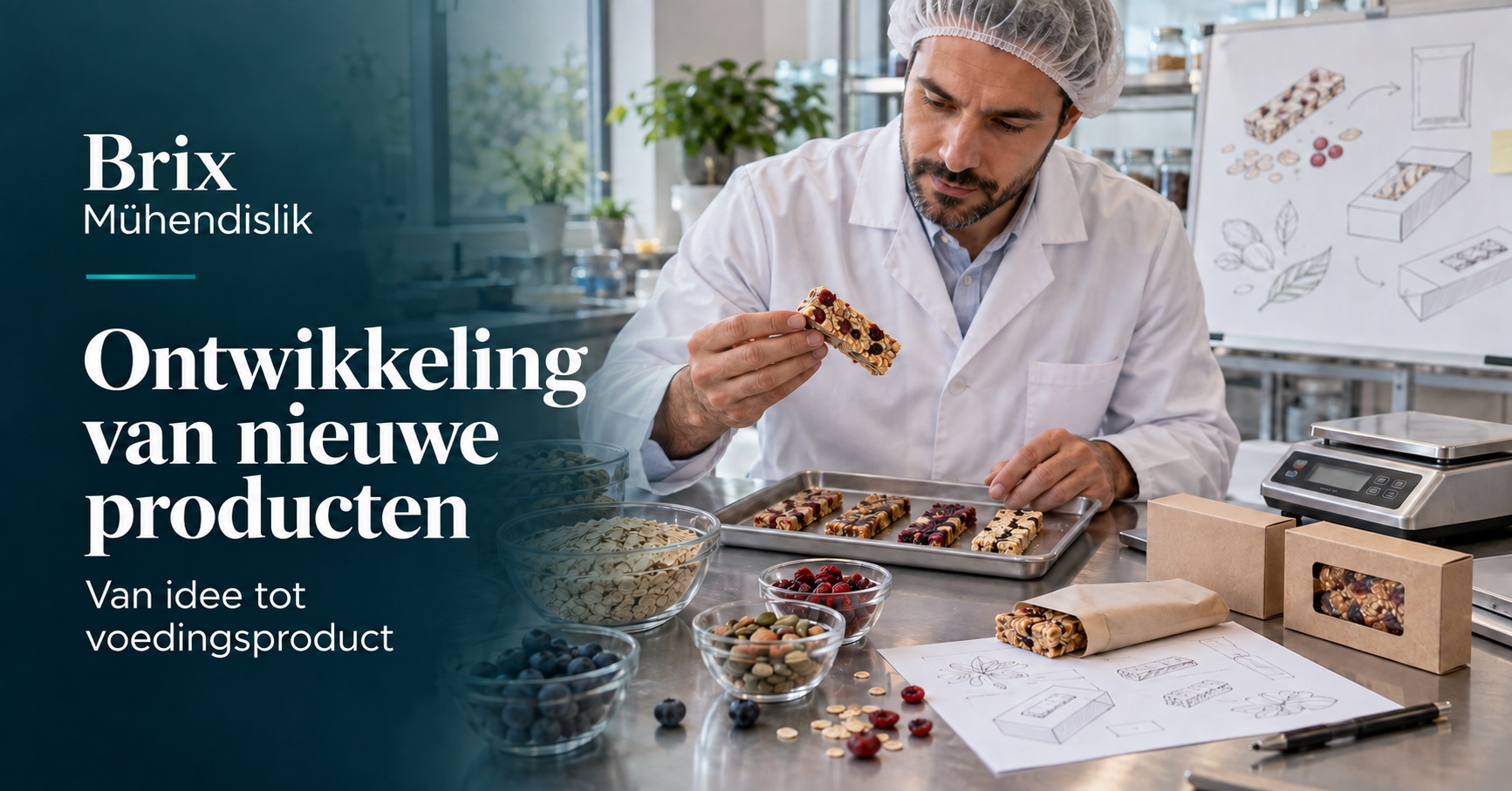 Voedingsingenieur beoordeelt prototypes van repen en verpakkingen; illustratieve AI-afbeelding.