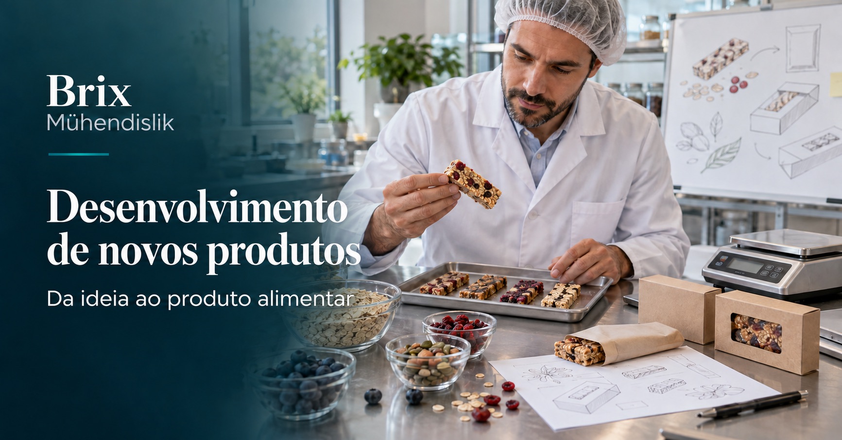 Engenheiro alimentar avalia protótipos de barras e embalagens; imagem ilustrativa gerada por IA.