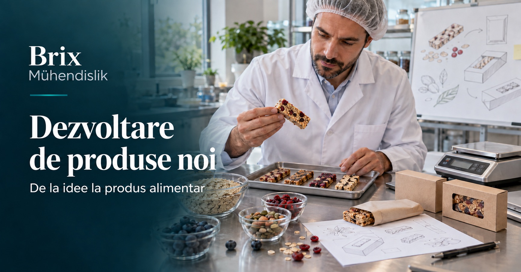 Inginer alimentar evaluând prototipuri de batoane și ambalaje; imagine ilustrativă generată cu IA.