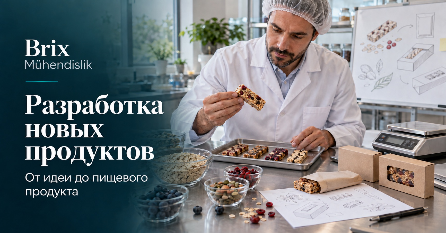 Пищевой технолог оценивает прототипы батончиков и упаковки; иллюстрация создана искусственным интеллектом.
