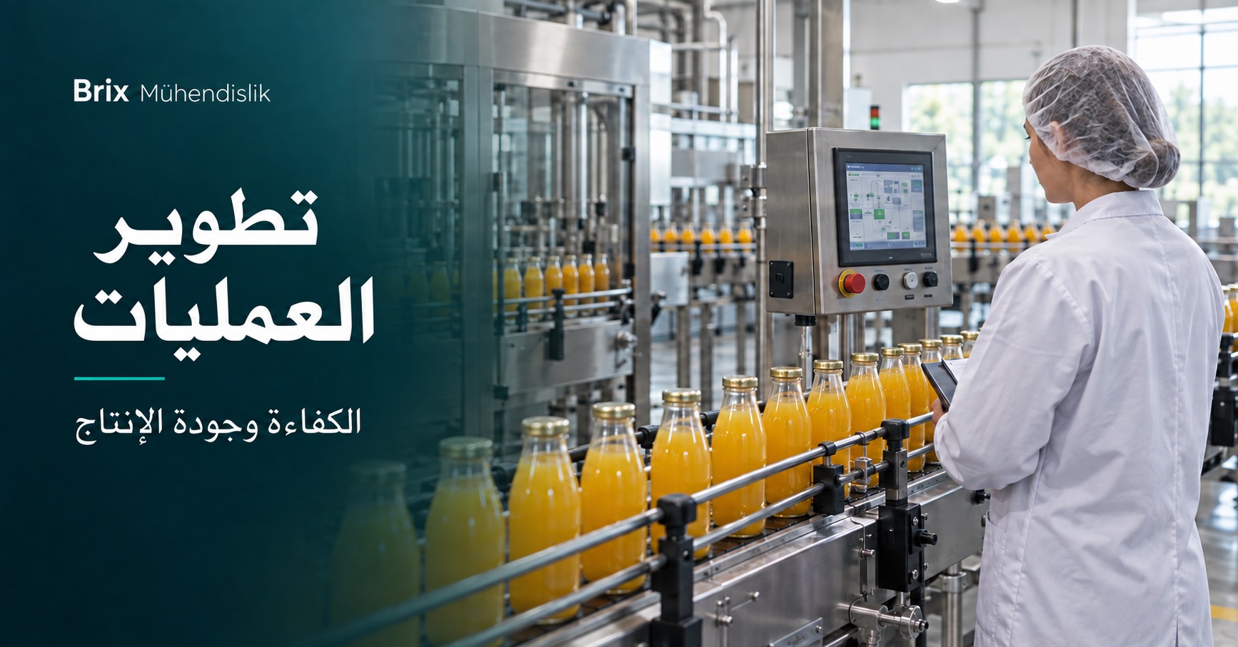 مهندسة أغذية تراقب خط تعبئة العصير؛ صورة توضيحية مولدة بالذكاء الاصطناعي.