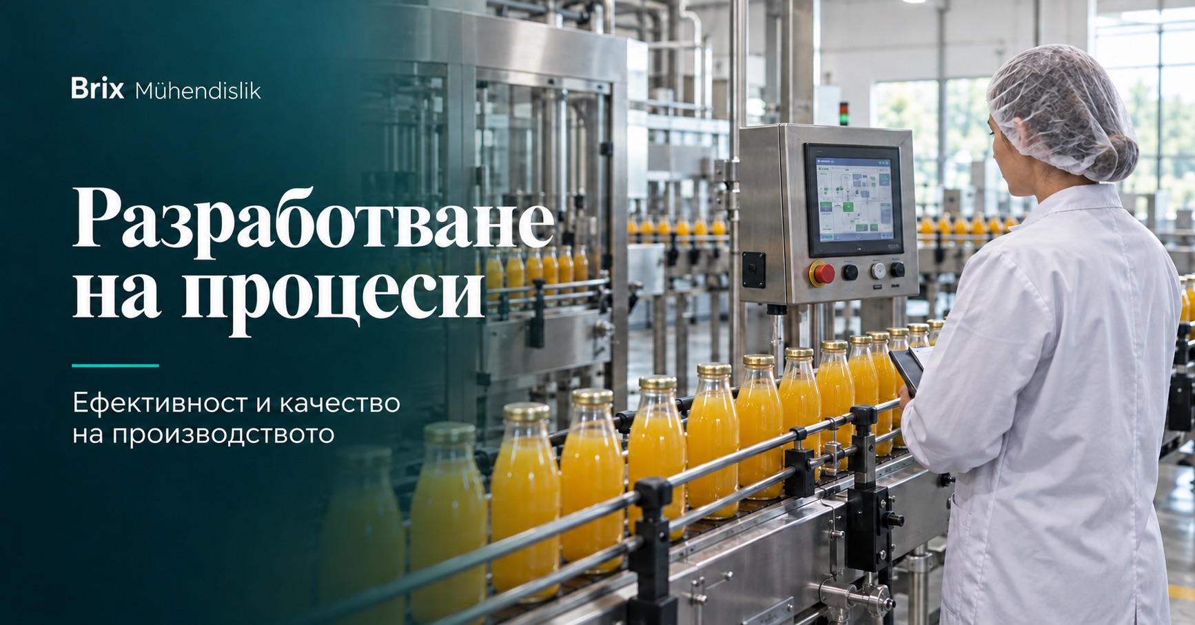 Хранителен технолог наблюдава линия за бутилиране на сок; илюстративно изображение, създадено с изкуствен интелект.